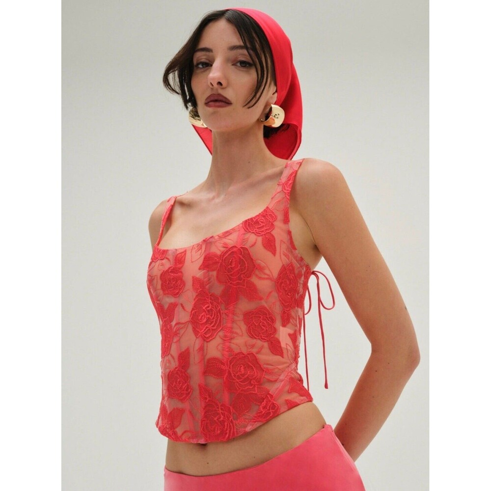 NWT For Love & Lemons Red Floral Sheer Corset Tank - Picture 5 of 15